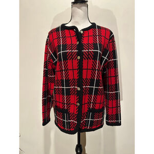 Vintage Tally Ho Plaid Cardigan | 90s Preppy Knit Sweater | Red Black M